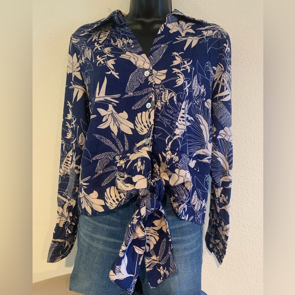 NWT PANAMA JACK Long Sleeve Palm Leaf Tropical Crop Top Linen Blend Size Medium